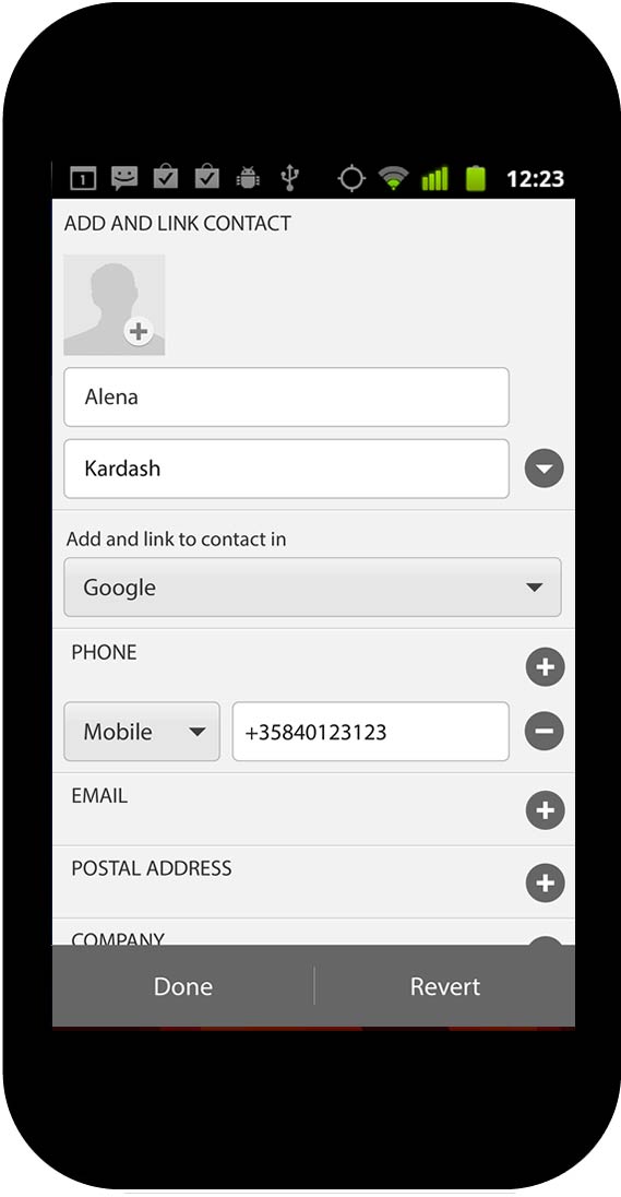 Social phone book app, contact information page, editing mode