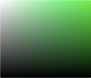 Sketch color picker gradient box for a 90° yellowish green. It shows all color variations for this hue. Sketch-sovelluksen värinvalitsin 90° kellertävän vihreälle. Se näyttää kaikki tämän sävyn (värisävyn) muunnelmat.