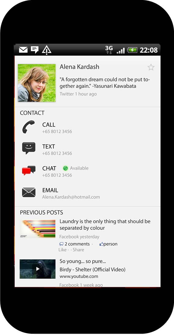 Social phone book app, contact information page