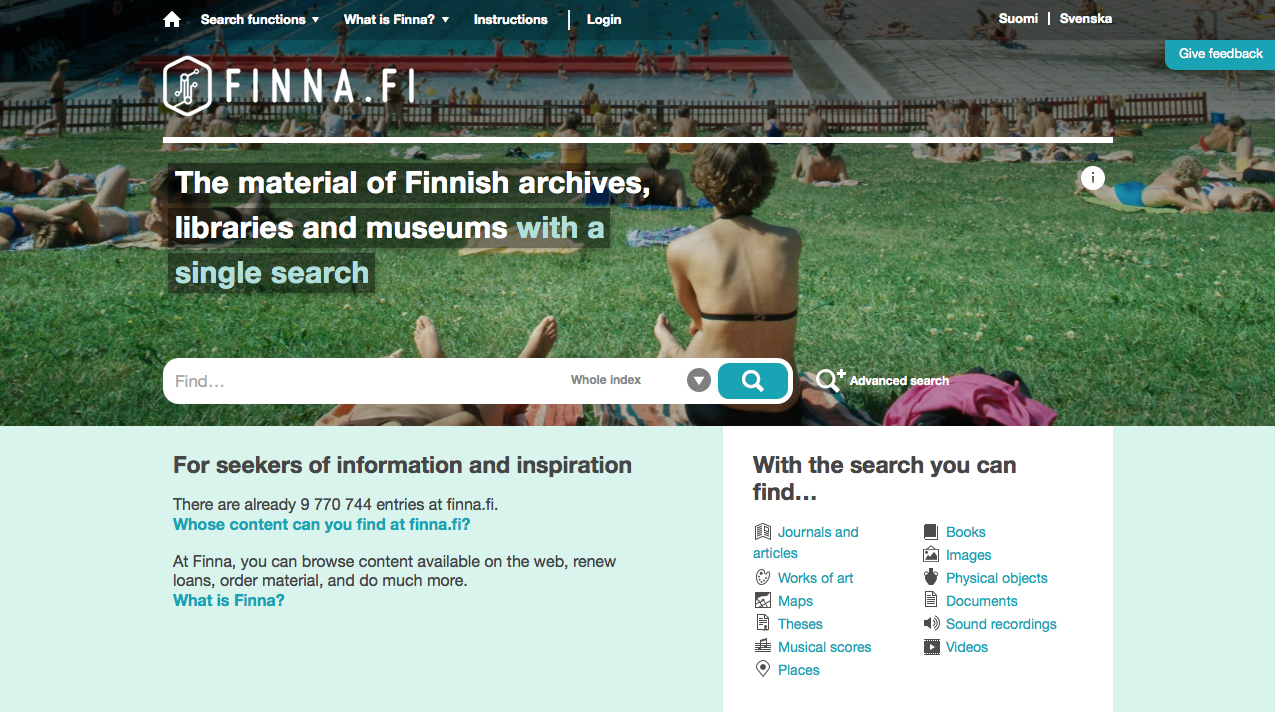 Finna.fi front page. Finna.fi makes the materials of Finnish archives, libraries and museums available in one search.