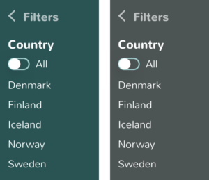 Dark cyan (~180°) as background color : 50% and 10% saturated variations. | Tumma syaani (~180°) taustavärinä : 50% ja 10% värikylläiset muunnelmat
